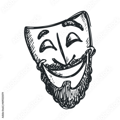 Happy theater mask with beard design for artistic expressions. Vector hand drawn illustration