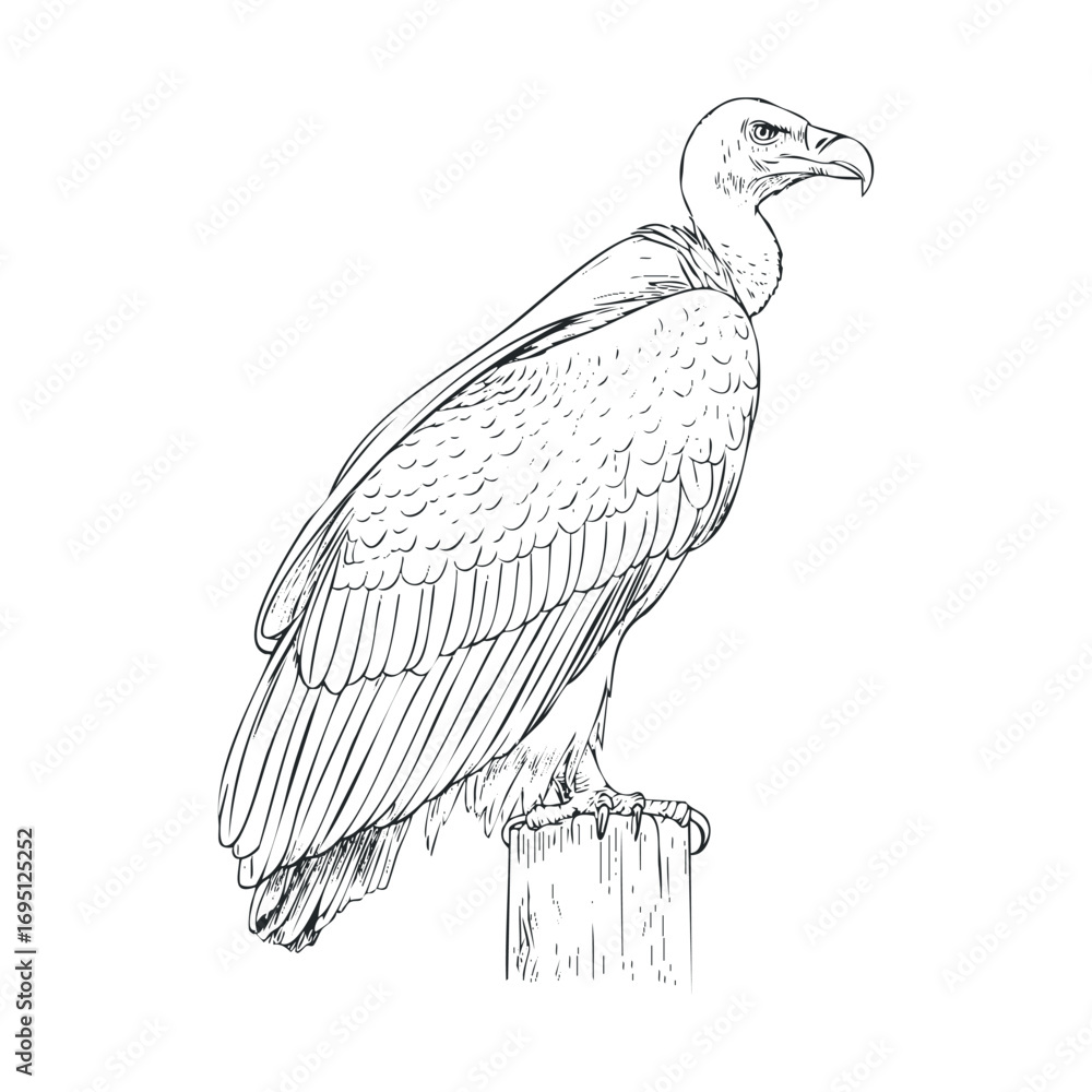 Obraz premium Majestic vulture perched on a wooden post in natural surroundings. Vector hand drawn illustration