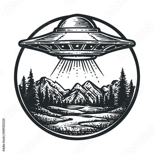 Mysterious UFO hovering over a serene mountain landscape. Vector hand drawn illustration