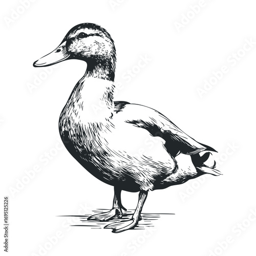Detailed sketch of a mallard duck standing outdoors. Vector hand drawn illustration