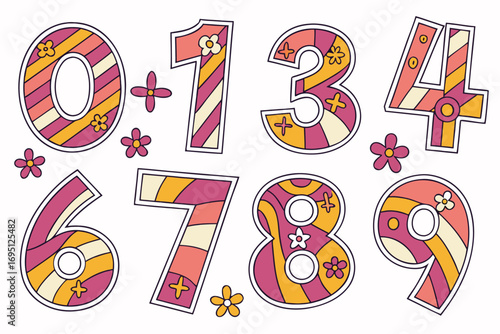 Colorful groovy numbers zero to nine with floral accents 0 1 2 3 4 5 6 7 8 9 digits