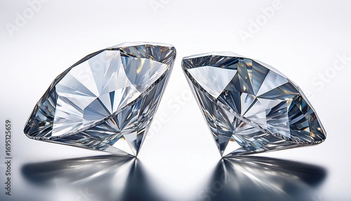 a close up view of two clear cut diamonds against a stark white background showing facets and light