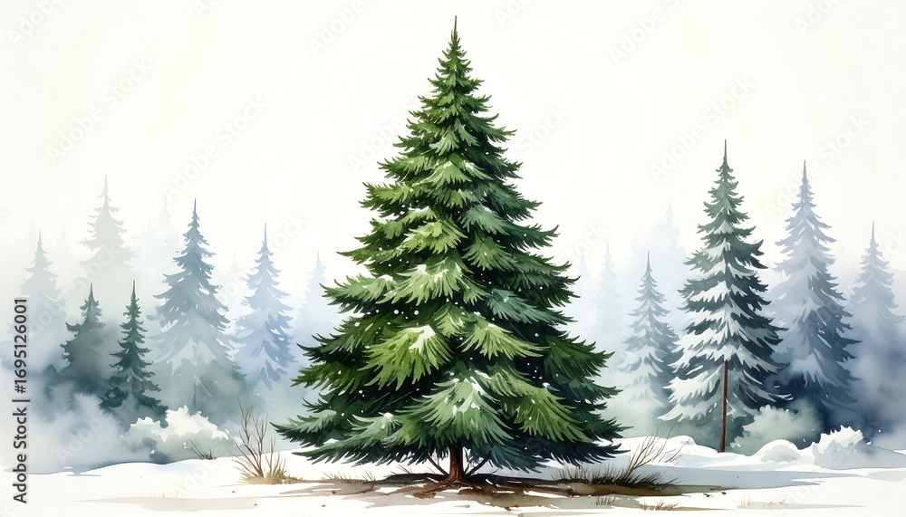 Fototapeta premium A winter forest scene, featuring a majestic evergreen tree, painted in soft watercolor tones, with a snowy landscape and gentle mist.