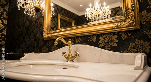 Luxurious bathroom interior with a golden mirror, faucet, and chandelier in focus