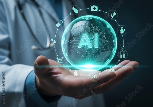 AI in Healthcare, Medical Scientist, Laboratory, Digital Graphic, Modern Environment, Close-up View, Technology Concept