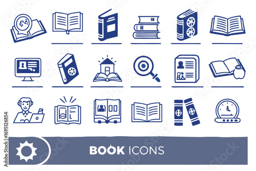 Collection of blue line art book and education icons on white background open book closed book
