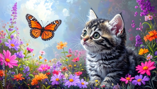 Fototapeta Naklejka Na Ścianę i Meble -  Kitten in a flowery meadow