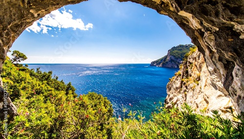 Coastal cave view, bright sunny day