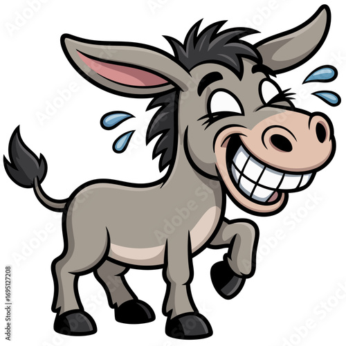A funny farm animal illustration of a cartoon donkey head vector with black silhouette and drawing design