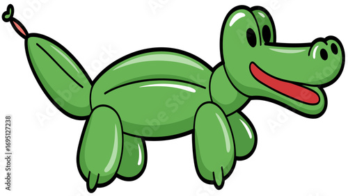 A cute and funny cartoon green frog is cheerfully smiling while sitting on a leaf with a flower