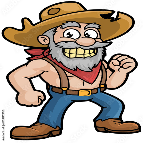 An amusing cartoon illustration of a smiling cowboy character with his dog, a gun, and a rope