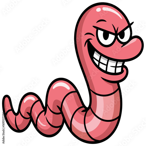 A cute, funny cartoon worm with a happy face and a green body, looking like a silly snake character