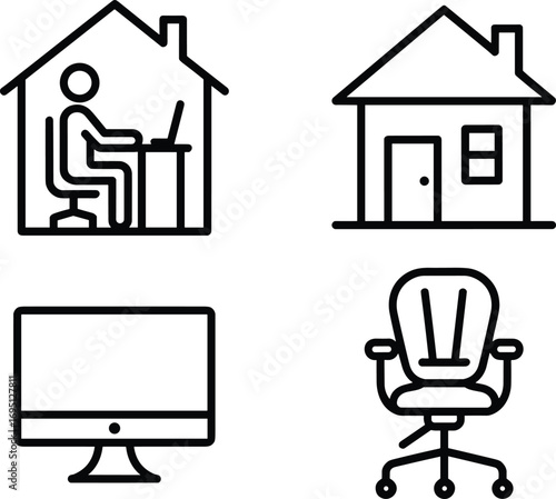 Remote work, home office, desk, computer, chair icon set for telecommute, house, technology, job, productivity