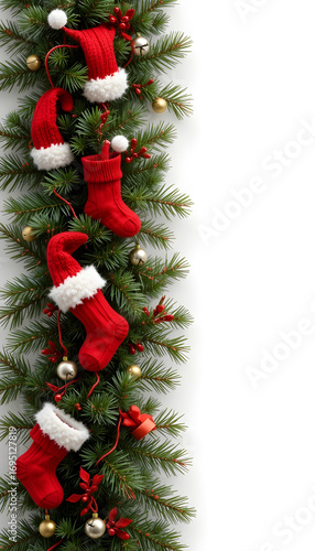 Wallpaper Mural Festive Christmas Garland with Red Socks and Ornaments.A vibrant Christmas garland, featuring red Santa socks, faux pine boughs, and gold and red ornaments, is arranged vertically against a white back Torontodigital.ca