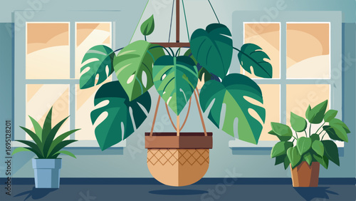 A large philodendron plant cascading down from a hanging basket creating a dramatic centerpiece in the living room.