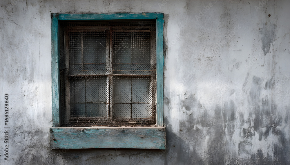 Fototapeta premium A weathered window with a small upper pane shielded by a metal mesh