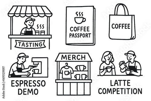 Coffee Festival Doodles. Coffee festival: hand drawn doodles of tasting booth, coffee passport, tote bag, espresso demo, merch