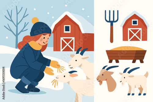 Farm Winter Icons. Stylized flat vector of girl feeding goats and farm winter icon set for hay fork, barn, trough, and animal icon