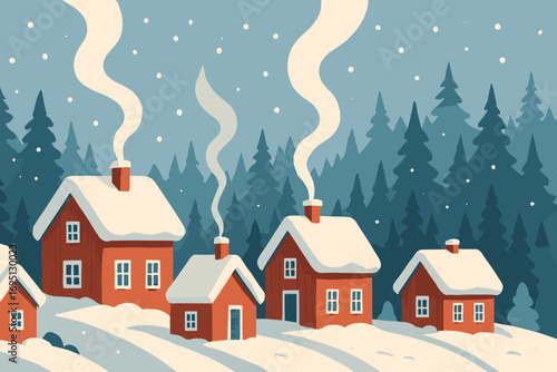 Nordic Village Winter Scene. Bright banner portraying snowy village with wooden houses and nordic winter icon set for snowy roofs,