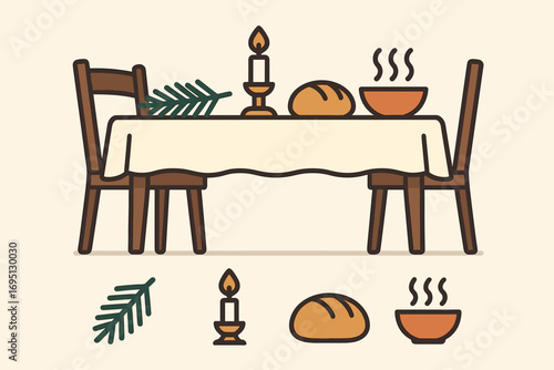 Festive Dining Scene. Clean vector illustration of dining table with pine decor and seasonal icon set for evergreen twig,