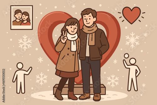Romantic Snowy Scene. Scene illustration showing couple posing with heart-shaped sculpture and romantic mood icon set for photo