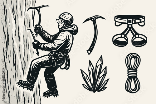Ice Climber Adventure. Horizontal composition showing ice climber scaling frozen wall and extreme sport icon set for ice axe,
