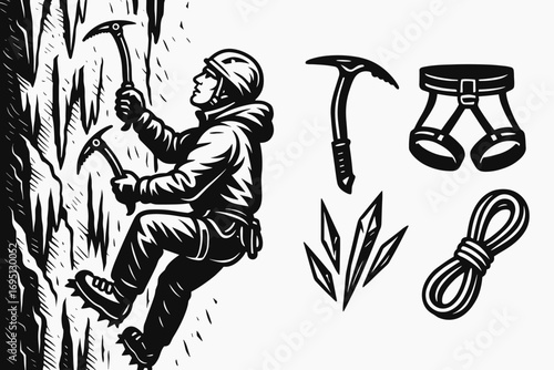 Ice Climber Adventure. Horizontal composition showing ice climber scaling frozen wall and extreme sport icon set for ice axe,