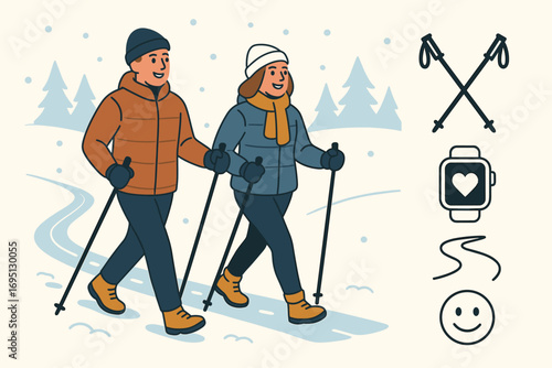 Nordic Walking Adventure. Vector layout showing couple Nordic walking in snow and fitness icon set for poles, health tracker, snow