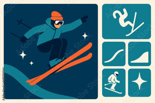 Freestyle Skiing Icons. Modern vector panel showing person performing ski trick and freestyle icon set for flip symbol, slope
