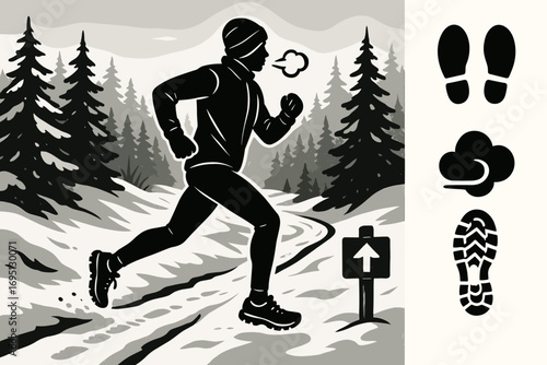 Winter Trail Running. Scene with person doing winter trail run and solo activity icon set for footprints, breath cloud, shoe grip