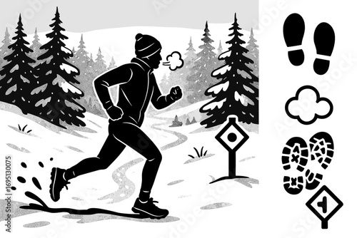 Winter Trail Running. Scene with person doing winter trail run and solo activity icon set for footprints, breath cloud, shoe grip