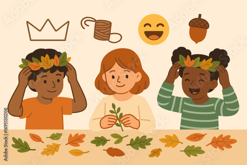 Leaf Crown Crafting. Modern banner depicting kids making leaf crowns and craft icon set for crown shape, twine, laughter emoji and