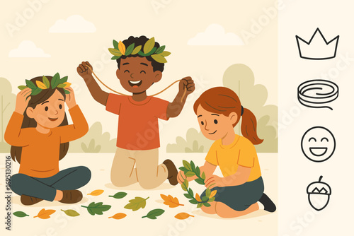 Leaf Crown Crafting. Modern banner depicting kids making leaf crowns and craft icon set for crown shape, twine, laughter emoji and