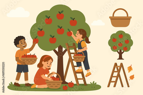 Children Apple Harvest. Flat vector illustration featuring children gathering apples in orchard and seasonal picking icon set for