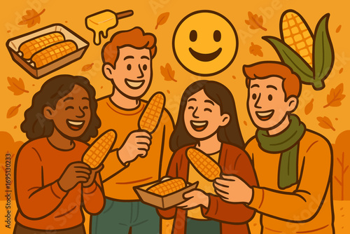 Autumn Snack Gathering. Bright banner portraying friends sharing roasted corn and autumn snack icon set for paper tray, butter