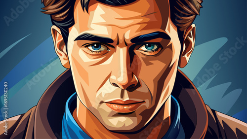 Close-up portrait of male photomodel looking at camera directly. Isolated background emphasizes presence, character, and simplicity.