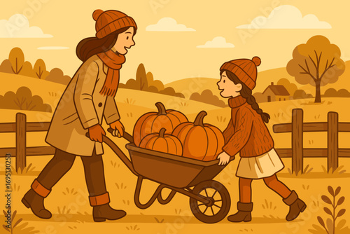 Harvesting Pumpkins Together. Vector scene showing mother and daughter with wheelbarrow full of pumpkins, with rustic fence, cozy