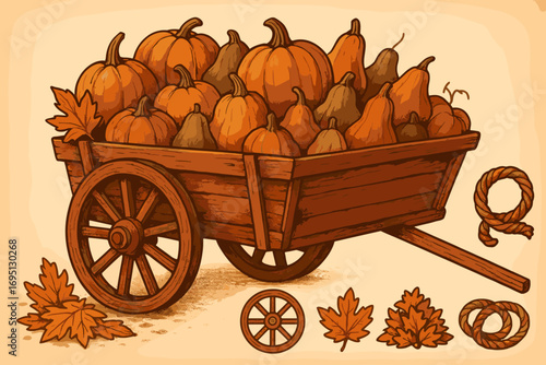Rustic Squash Wagon. Illustrated banner of squash stacked in old wagon and rustic charm icon set for wood wheel, orange tones,