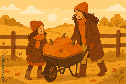 Harvesting Pumpkins Together. Vector scene showing mother and daughter with wheelbarrow full of pumpkins, with rustic fence, cozy