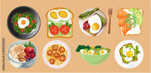 9 Healthy and Organic Breakfast Foods eggs, bread on Table