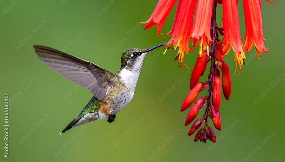 Fototapeta premium A hummingbird hovers gracefully near a vibrant cluster of scarlet flowers, showcasing nature's delicate beauty against a soft green backdrop.