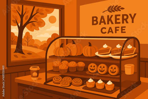 Autumn Bakery Interior. Vector artwork of bakery interior with fall window view, pumpkin treats in display case and café branding.