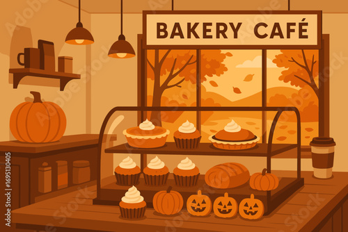 Autumn Bakery Interior. Vector artwork of bakery interior with fall window view, pumpkin treats in display case and café branding.