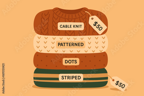 Cozy Sweater Sale. Flat illustration of cozy sweater stack with labels and price tags, ideal for seasonal fashion promotion.