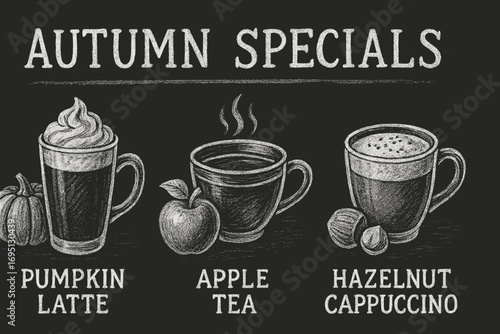 Autumn Beverage Specials. Horizontal banner with chalkboard menu featuring autumn specials — pumpkin latte, apple tea, and