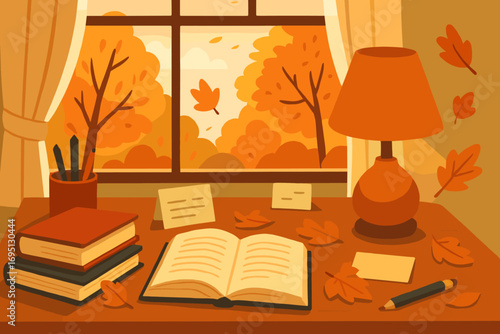 Autumn Study Desk. Charming vector layout of study desk by autumn window, with textbooks, warm light, paper notes and scattered