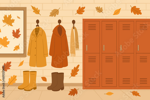 Autumn School Hallway. Horizontal vector banner showing autumn school hallway with lockers, leaf decorations, boots and coats hung