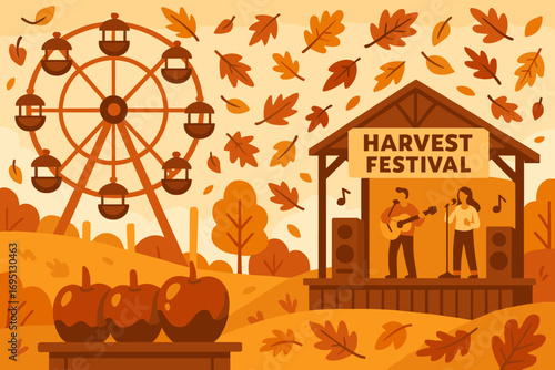 Harvest Festival Celebration. Vector illustration of harvest festival scene with ferris wheel, caramel apples, leaf confetti and