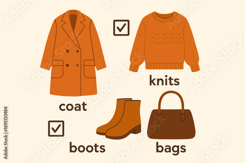Autumn Wardrobe Essentials. Vector artwork of autumn wardrobe checklist with icons of warm essentials: coats, knits, boots, and