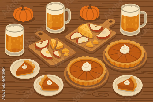 Harvest Tasting Table. Vector illustration of rustic harvest table set for tasting event with cider mugs, cheese platters, and